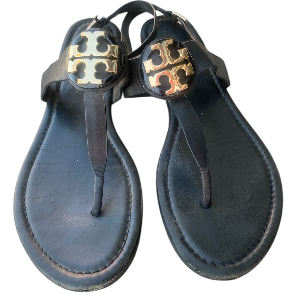 Tory Burch Black Miller Leather Thong Sandals with Gold Logo